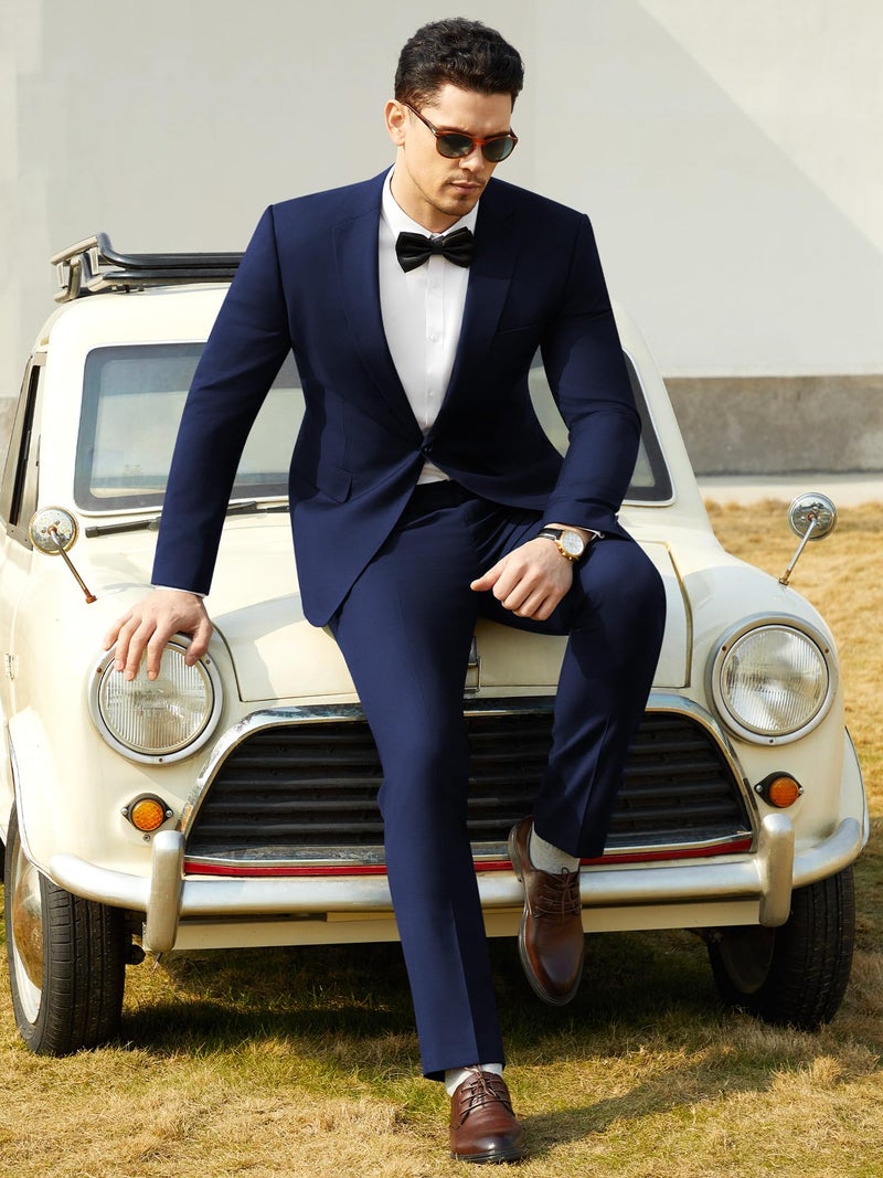 WEEN CHARM Men's Suit Regular Fit 2 Piece Wedding Tuxedo One Button Groom Prom Party Solid Blazer Pants Suit Set Navy Blue - Image 2